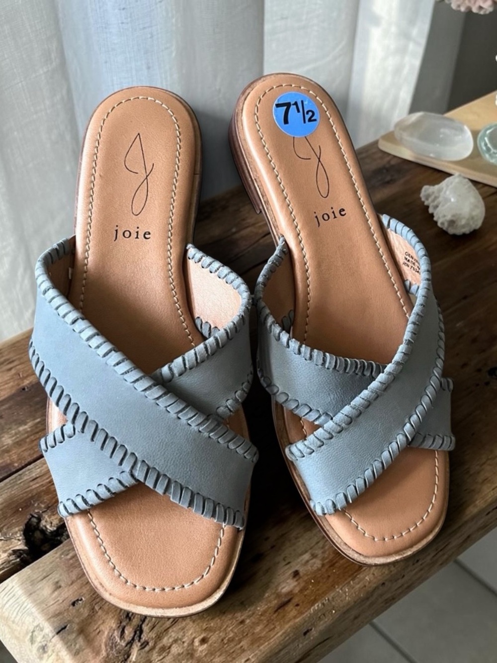 Joie Light Blue Leather Crossover Slide Mules